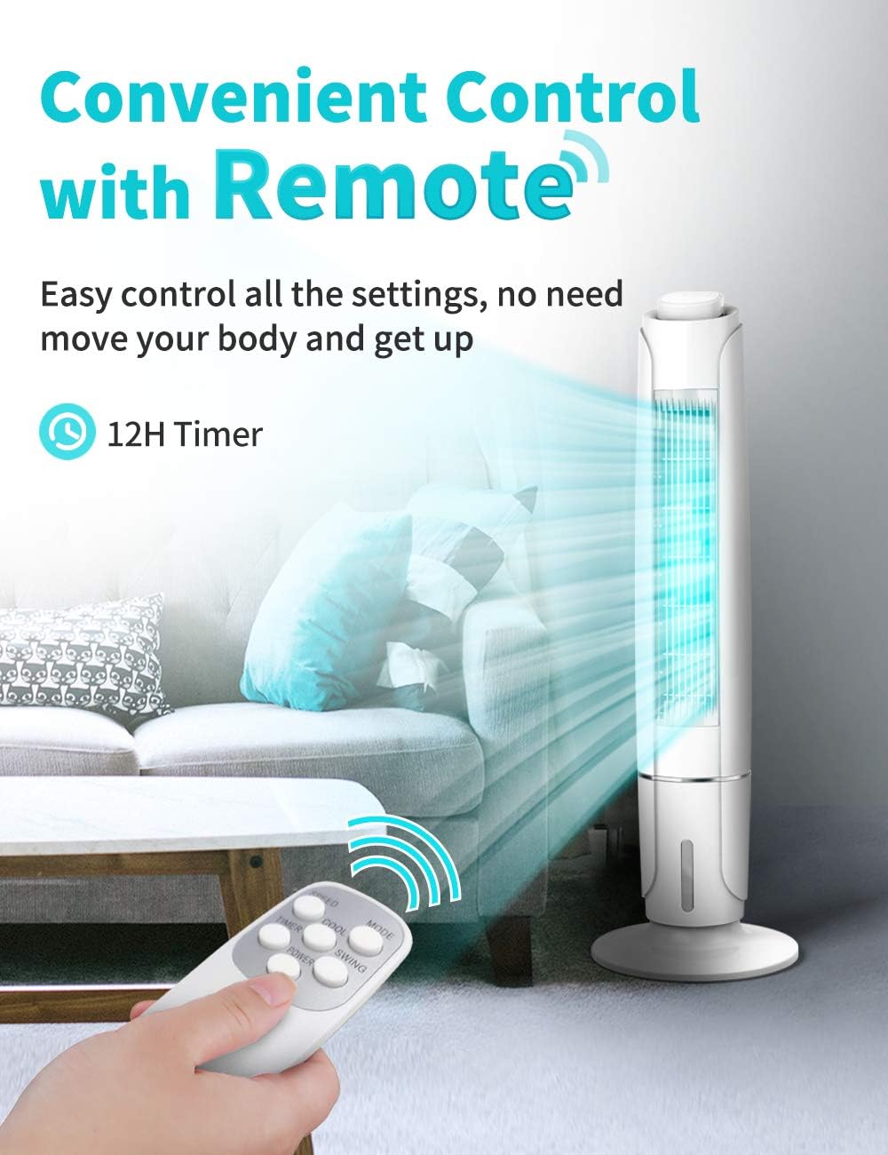 Portable Evaporative Air Cooler, 3 Speeds, 60° Oscillation, 12H Timer, 43IN Tall L7701
