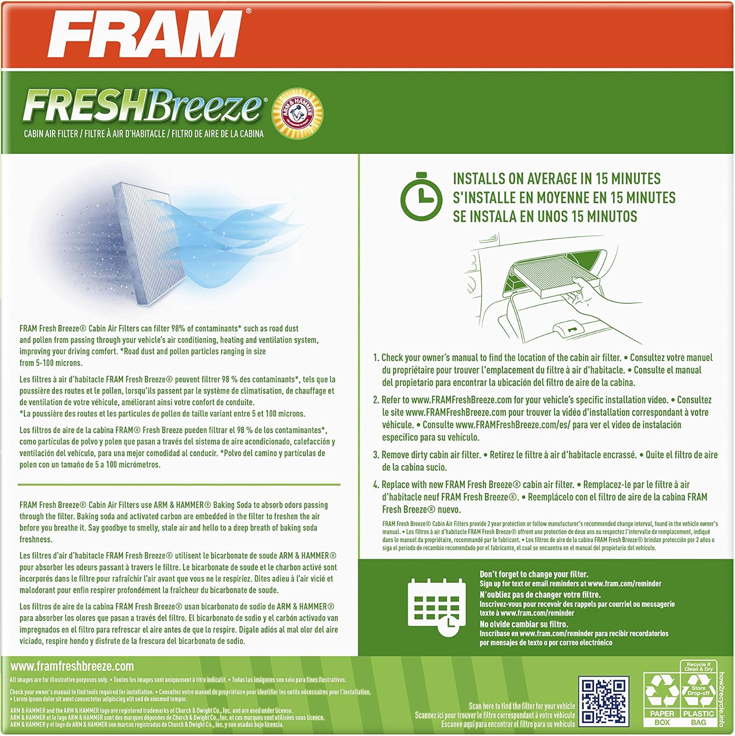 Cabin Air Filter with Arm and Hammer Baking Soda, Pack of 2 D952