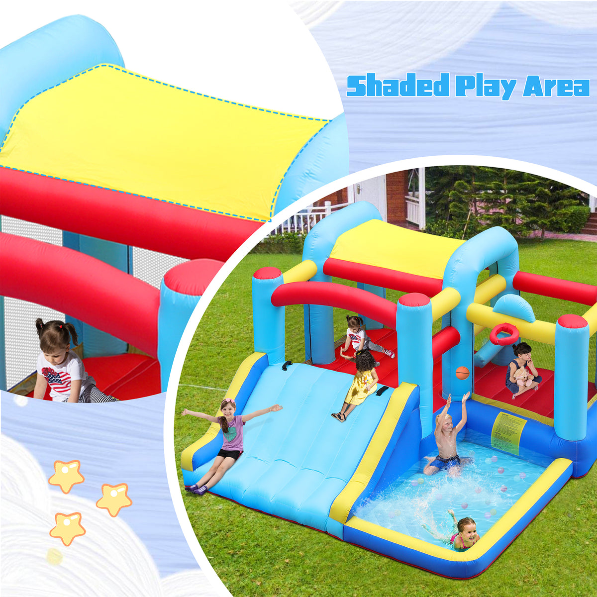 Inflatable Water Slide Bounce House with Splash Pool & Basketball Rim O335570