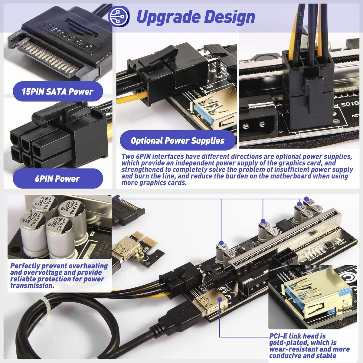 PCIE Riser Express Cable 1X to 16X with 24inches USB 3.0 Cable, 6 Pack F404