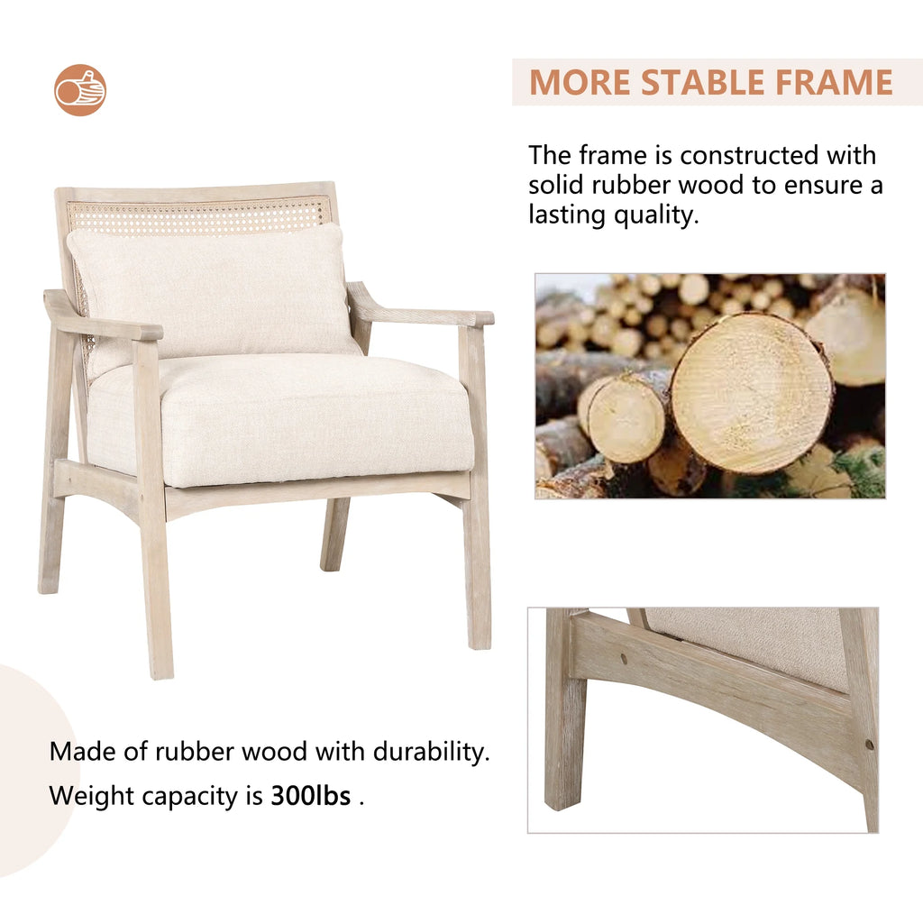 Mid-Century Accent Chair with Lumbar Pillow, Rattan Back Upholstered Chair R354167