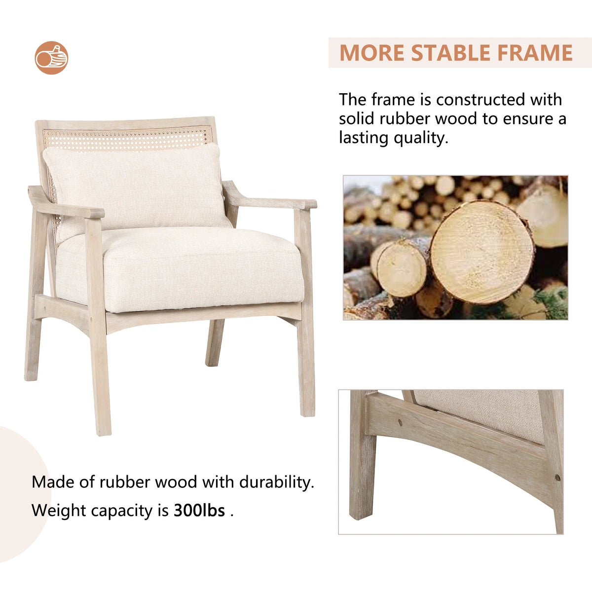 Mid-Century Accent Chair with Lumbar Pillow, Rattan Back Upholstered Chair R354167