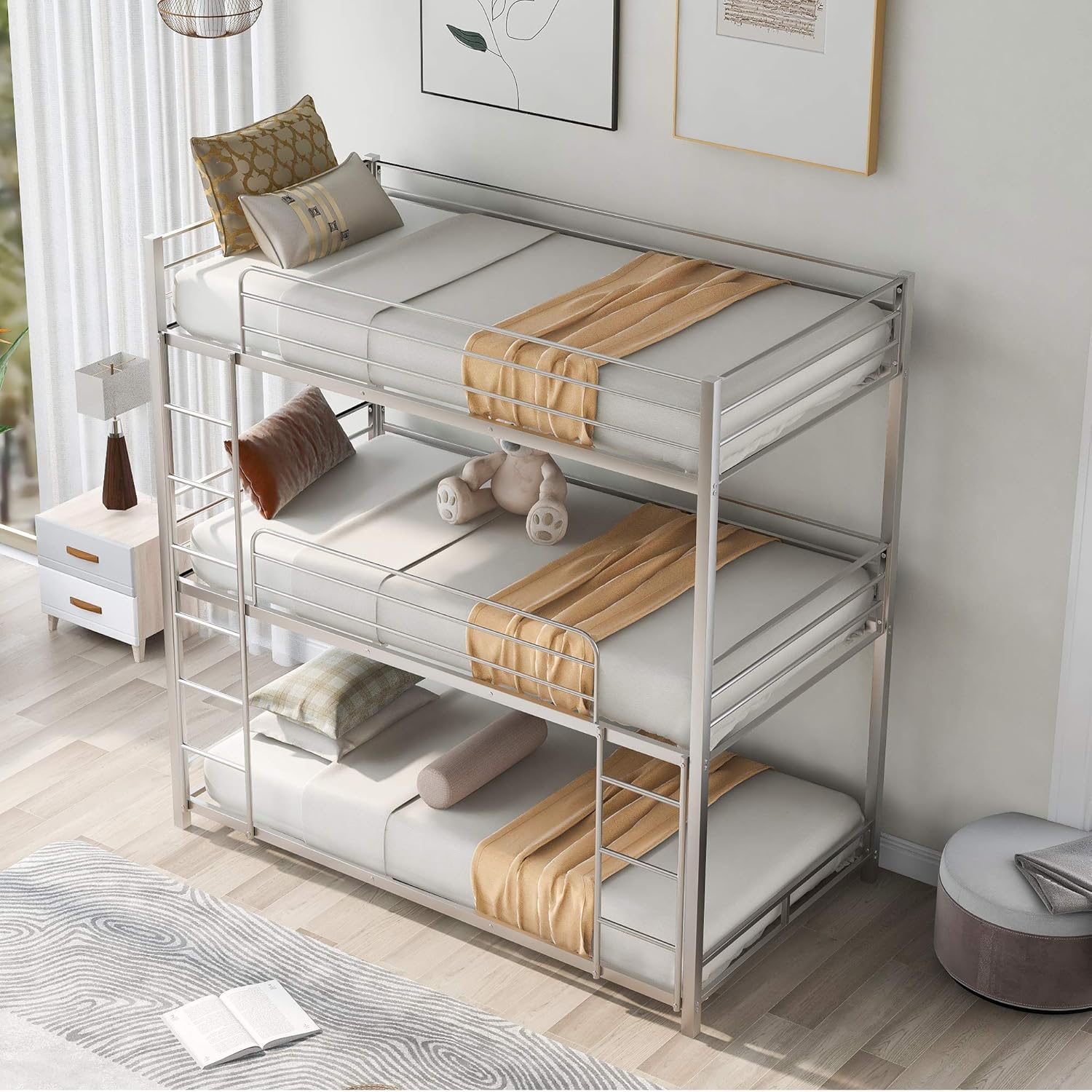 White Twin Metal Bunk Bed with Trundle D9531