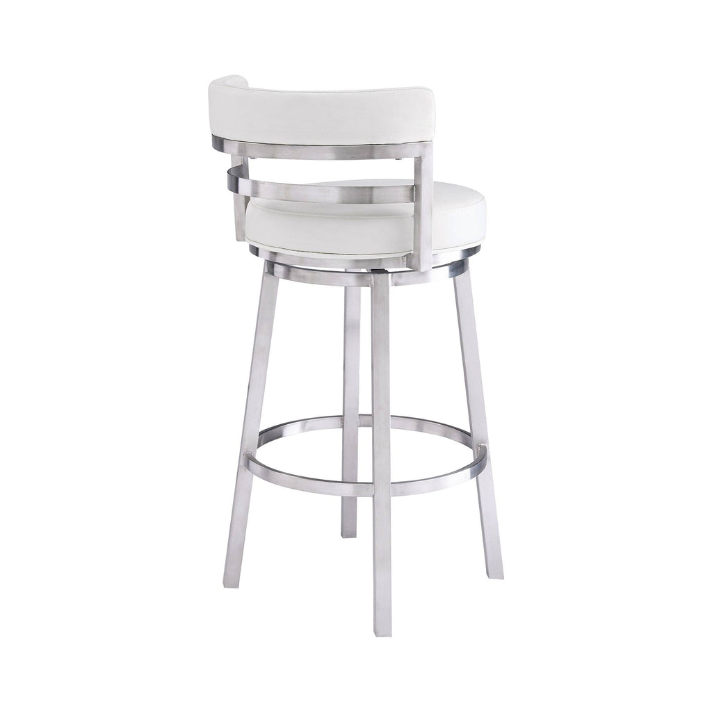 26 in. Contemporary Counter Height Barstool Brushed Stainless Steel Finish White Faux Leather M531