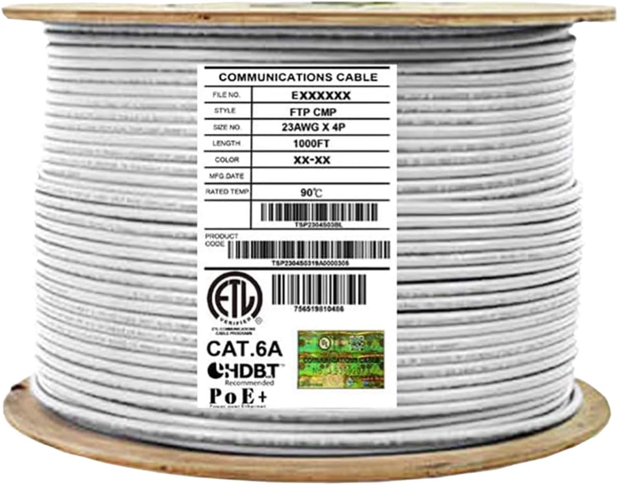 Bulk Ethernet Cable Reel, Cat6A Shielded Plenum, 1000ft, FTP 23AWG, Solid Pure Copper, Blue O74185