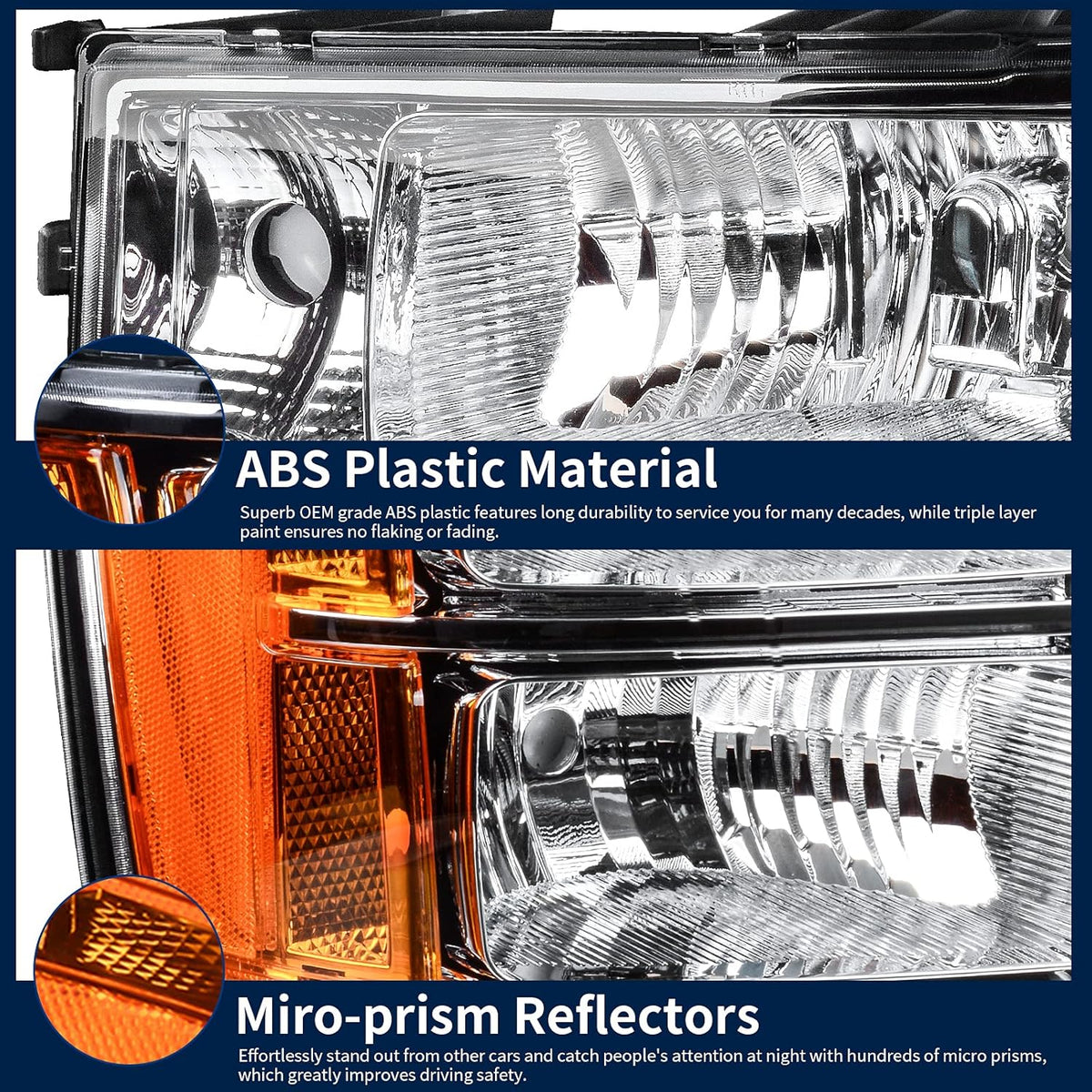 Headlight Assembly Clear Lens Chrome Housing with Amber Reflector V1901