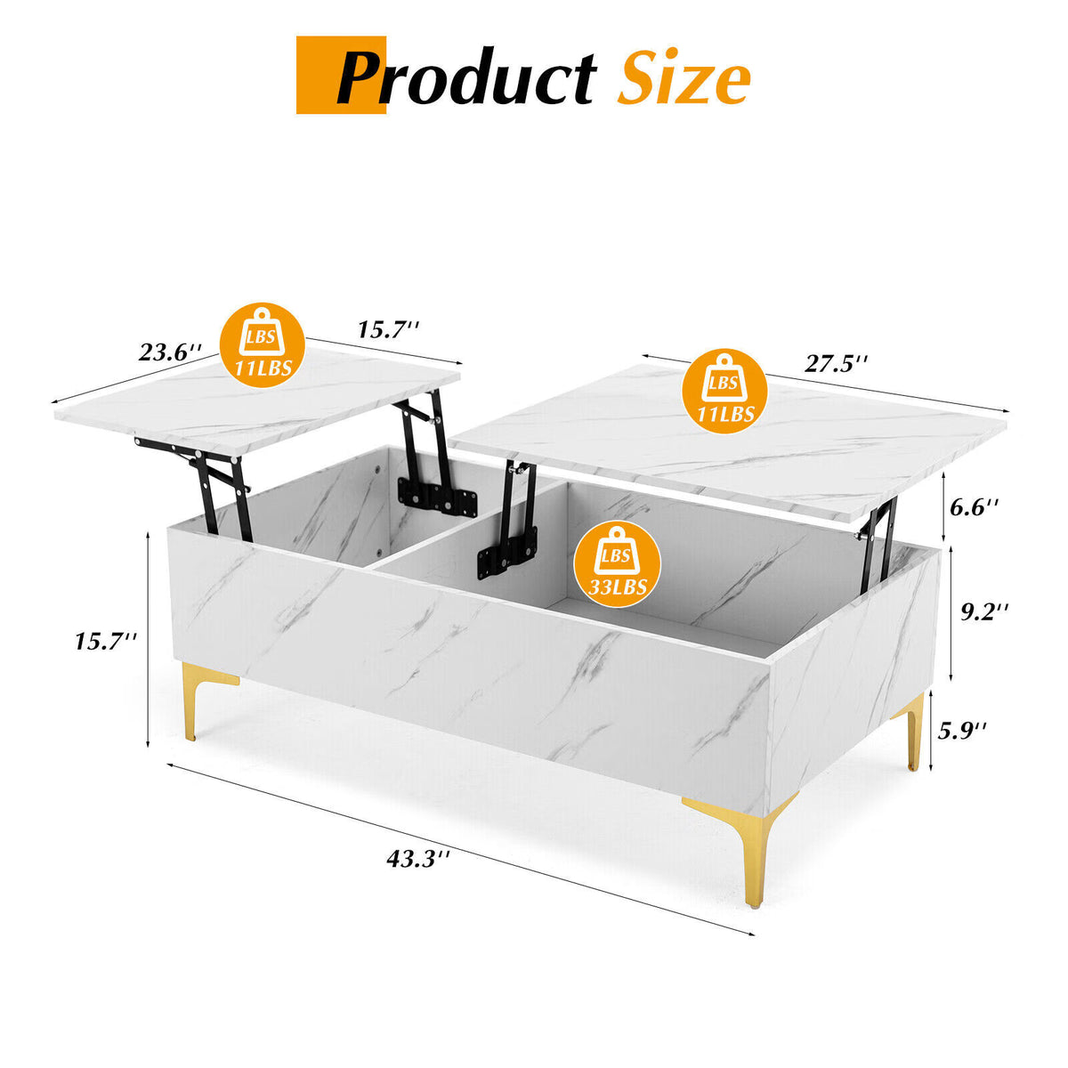 Modern White Lift Top Marble Coffee Table with Storage R500