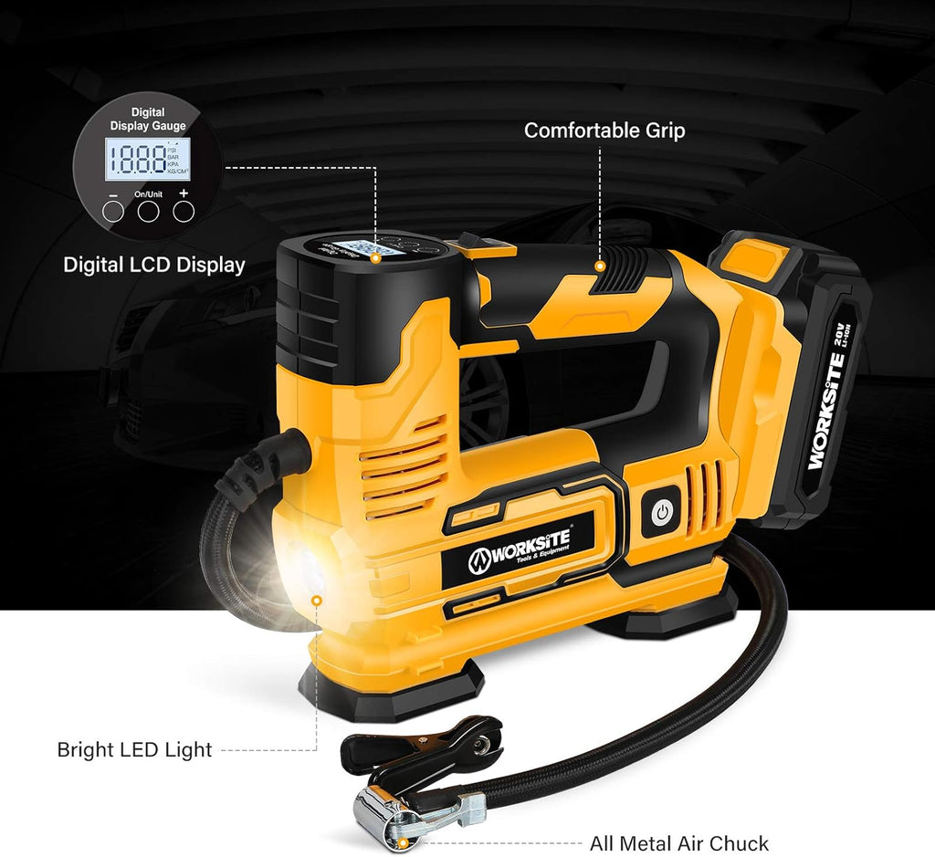 Tire Inflator Air Compressor Portable, 20V Cordless Tire Pump 150 PSI with Digital Pressure Gauge, Rechargeable Li-ion Battery and 12V Car Power Adapter Pack of 2 R42073