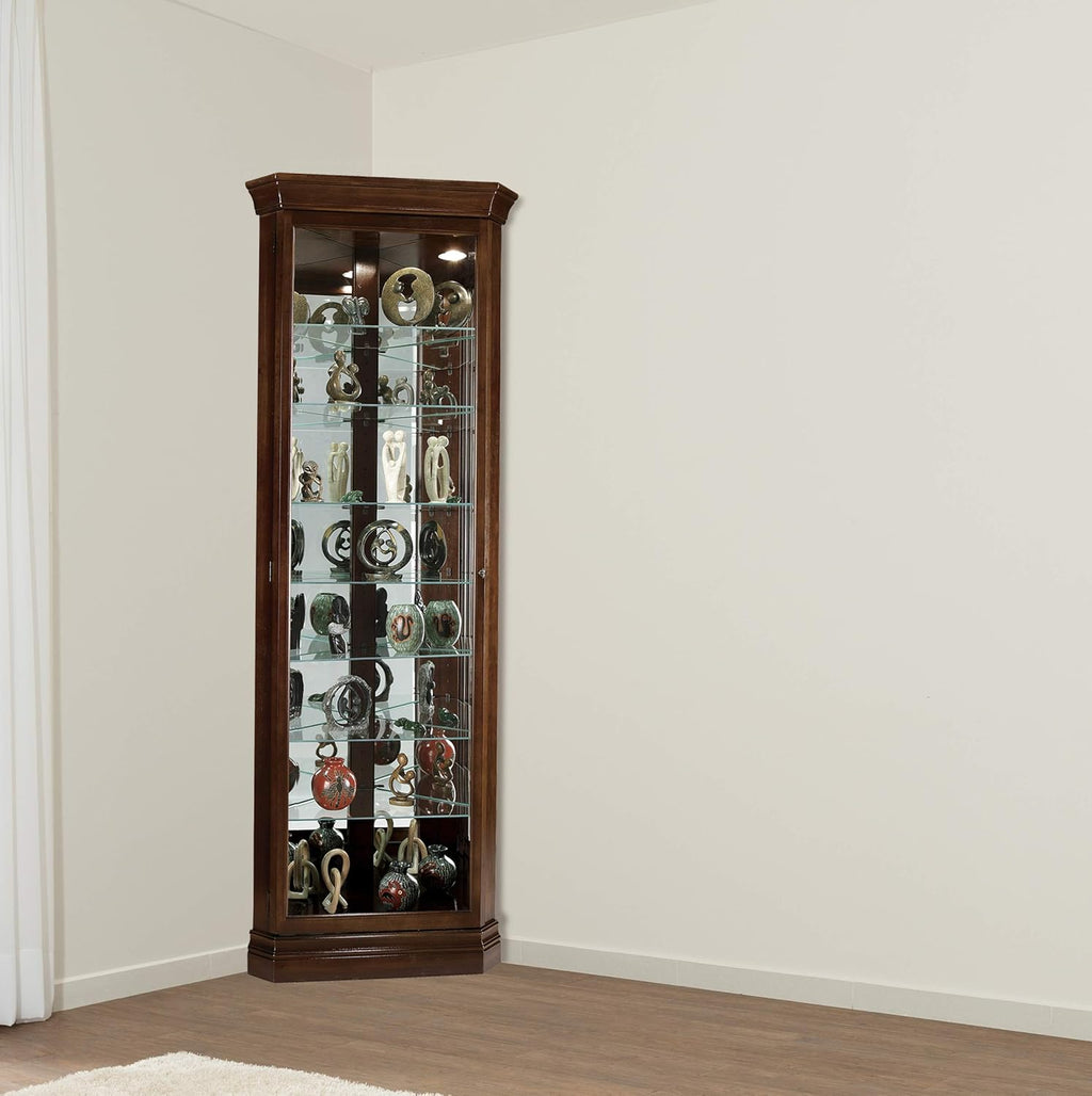 Cherry Bordeaux Finish Corner Curio Cabinet with Seven Glass Shelves Q4202