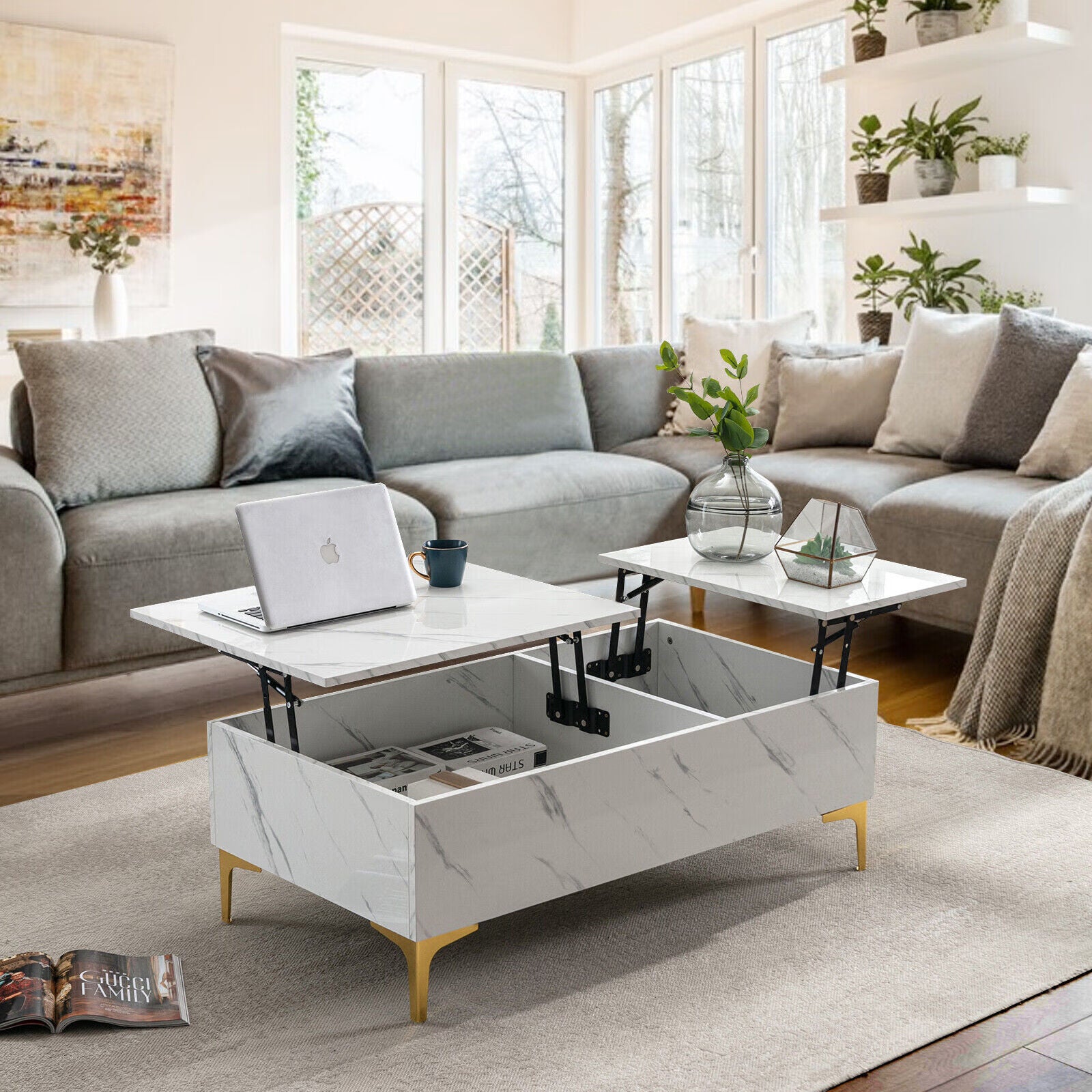 Modern White Lift Top Marble Coffee Table with Storage R500