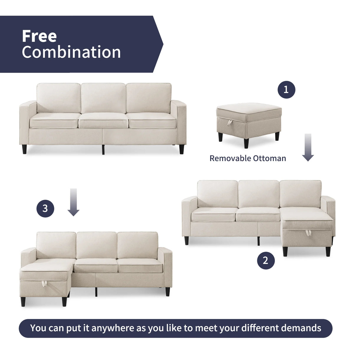 Beige Convertible Sectional Sofa Couch with Storage Ottoman N247