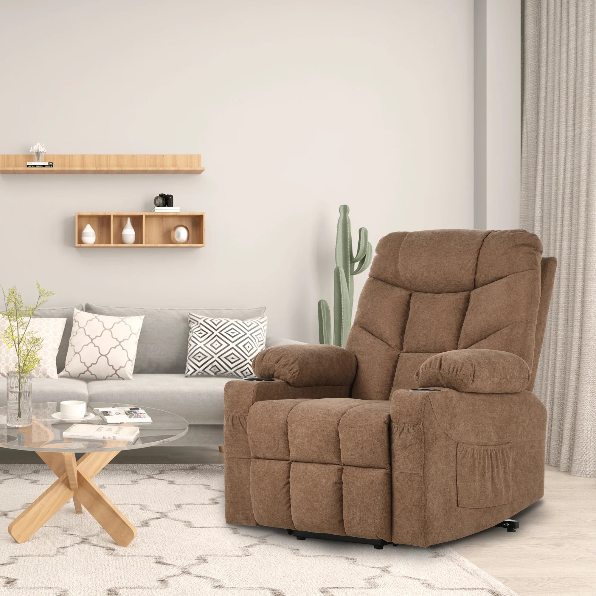 Brown Fabric Power Lift Recliner Chair with Massage and Heat G93205