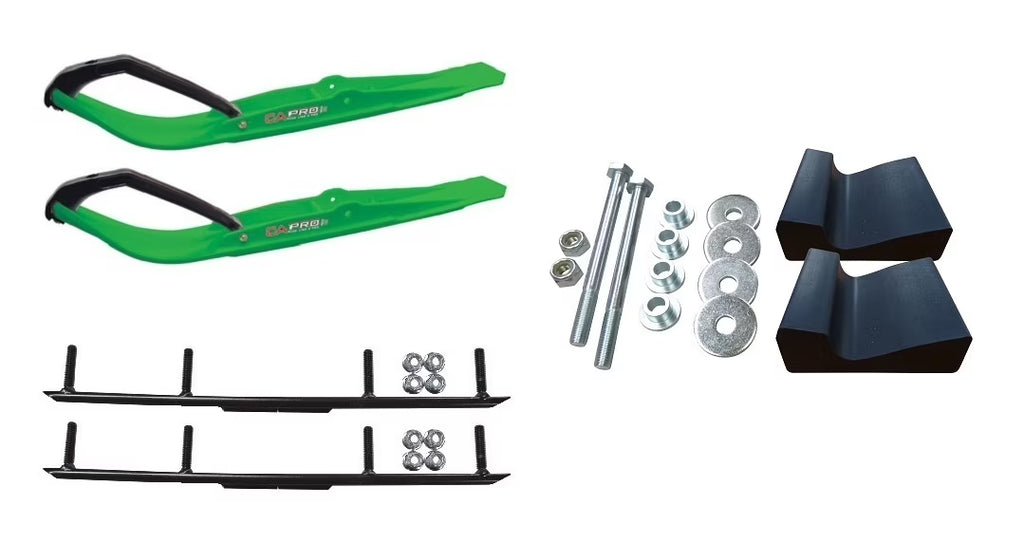 Green Razor Snowmobile Skis with 4" Round Bars Complete Kit O2310