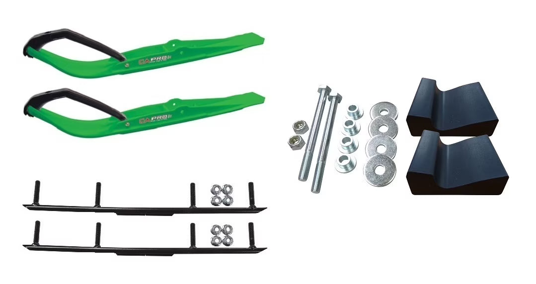 Green Razor Snowmobile Skis with 4" Round Bars Complete Kit O2310