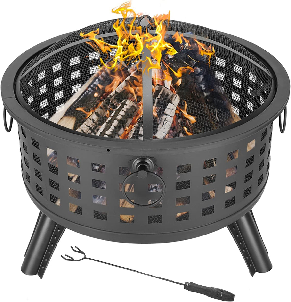 22 inch Steel Firepit Bowl with Mesh Spark Screen Cover Log Grate Wood Fire Poker Z8939