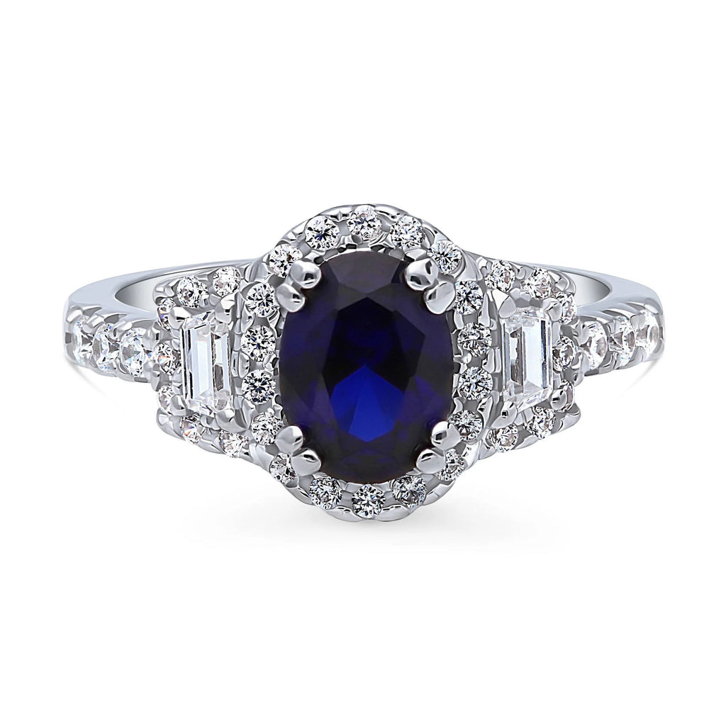 Sterling Silver Simulated Blue Sapphire Cubic Zirconia Halo Ring, Rhodium Plated Size 6 V49678