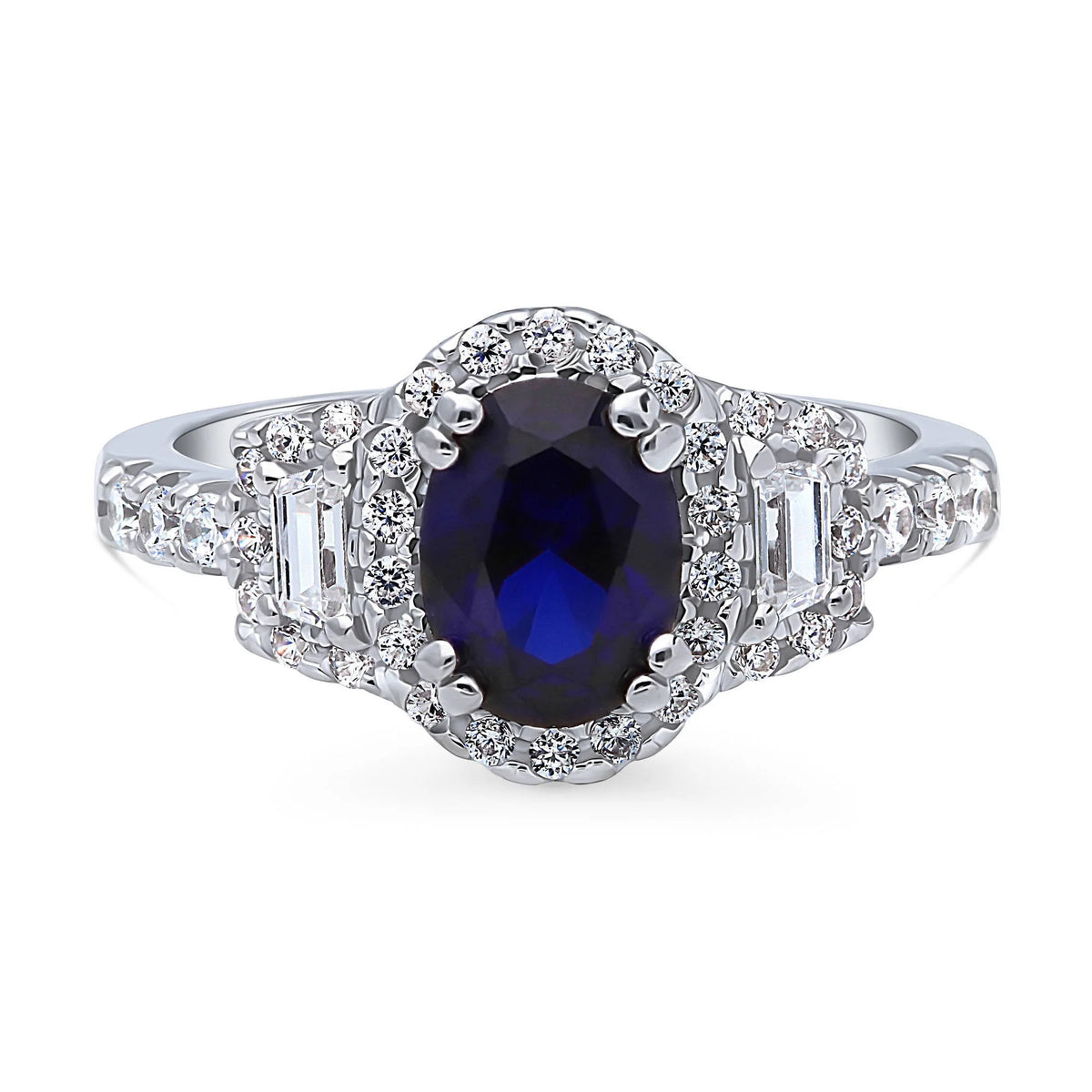 Sterling Silver Simulated Blue Sapphire Cubic Zirconia Halo Ring, Rhodium Plated Size 6 V49678