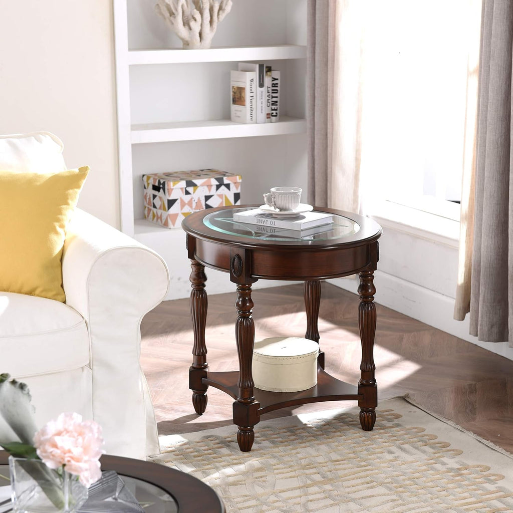 Solid Wood End Table with Tempered Glass and Storage Shelf P8489