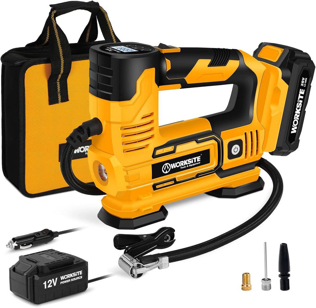 Tire Inflator Air Compressor Portable, 20V Cordless Tire Pump 150 PSI with Digital Pressure Gauge, Rechargeable Li-ion Battery and 12V Car Power Adapter Pack of 2 R42073