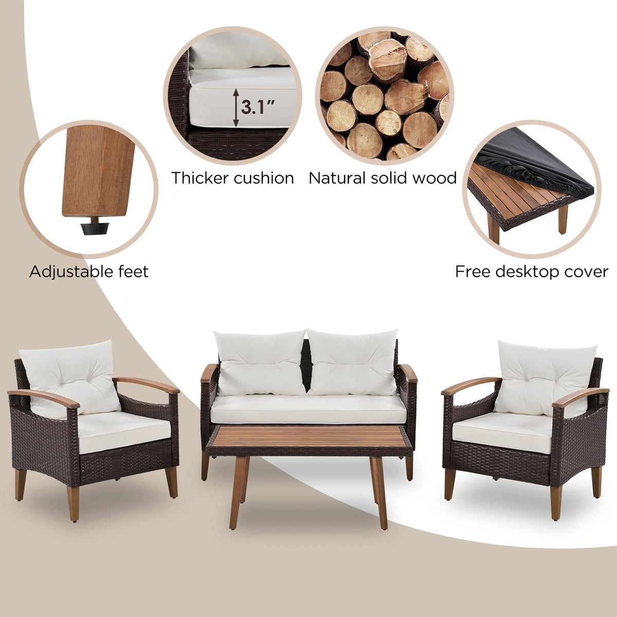 Beige 4 Piece PE Rattan Outdoor Sofa Set A38081