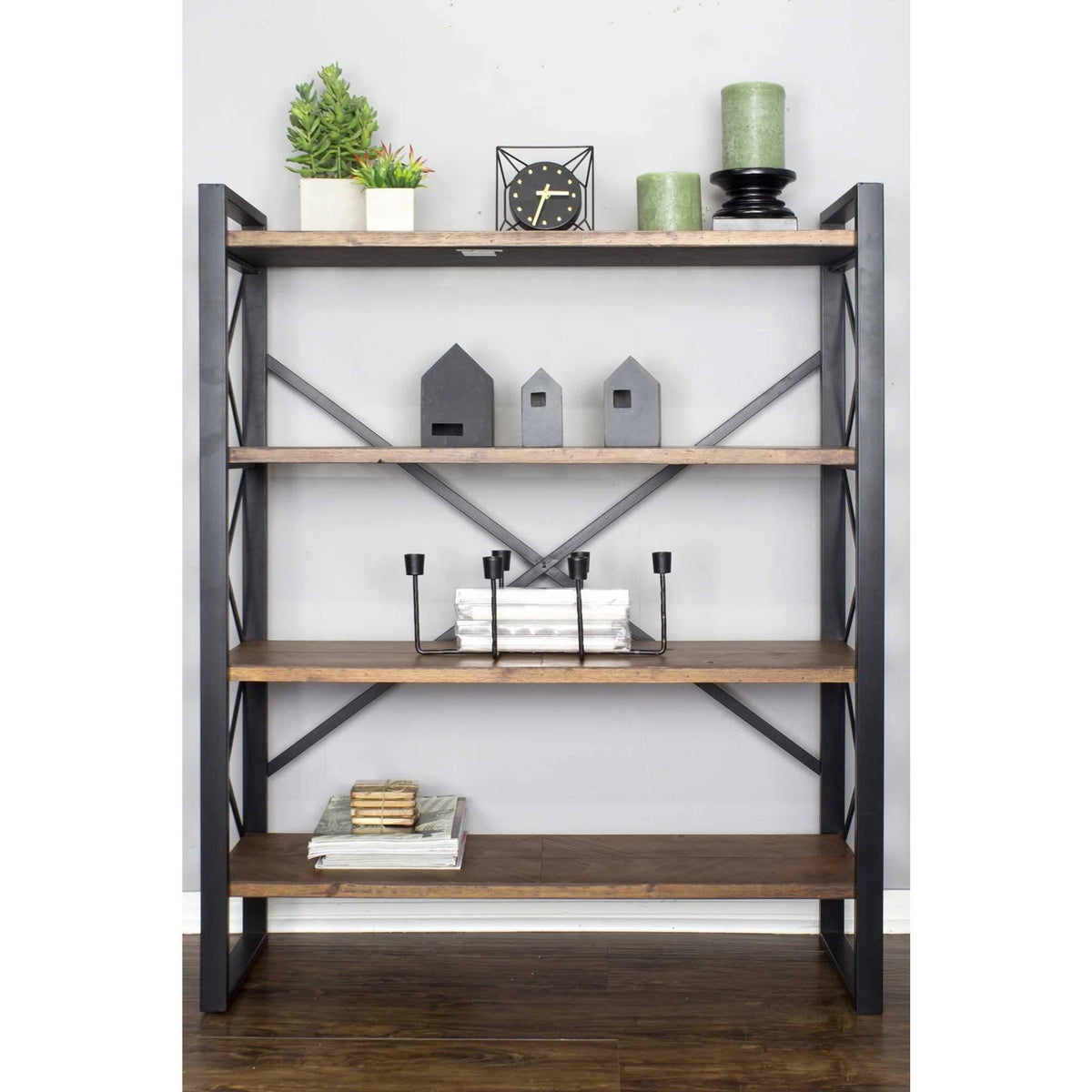 Natural Metal Wood MDF Bookcase with 4 Shelves Black Q53302