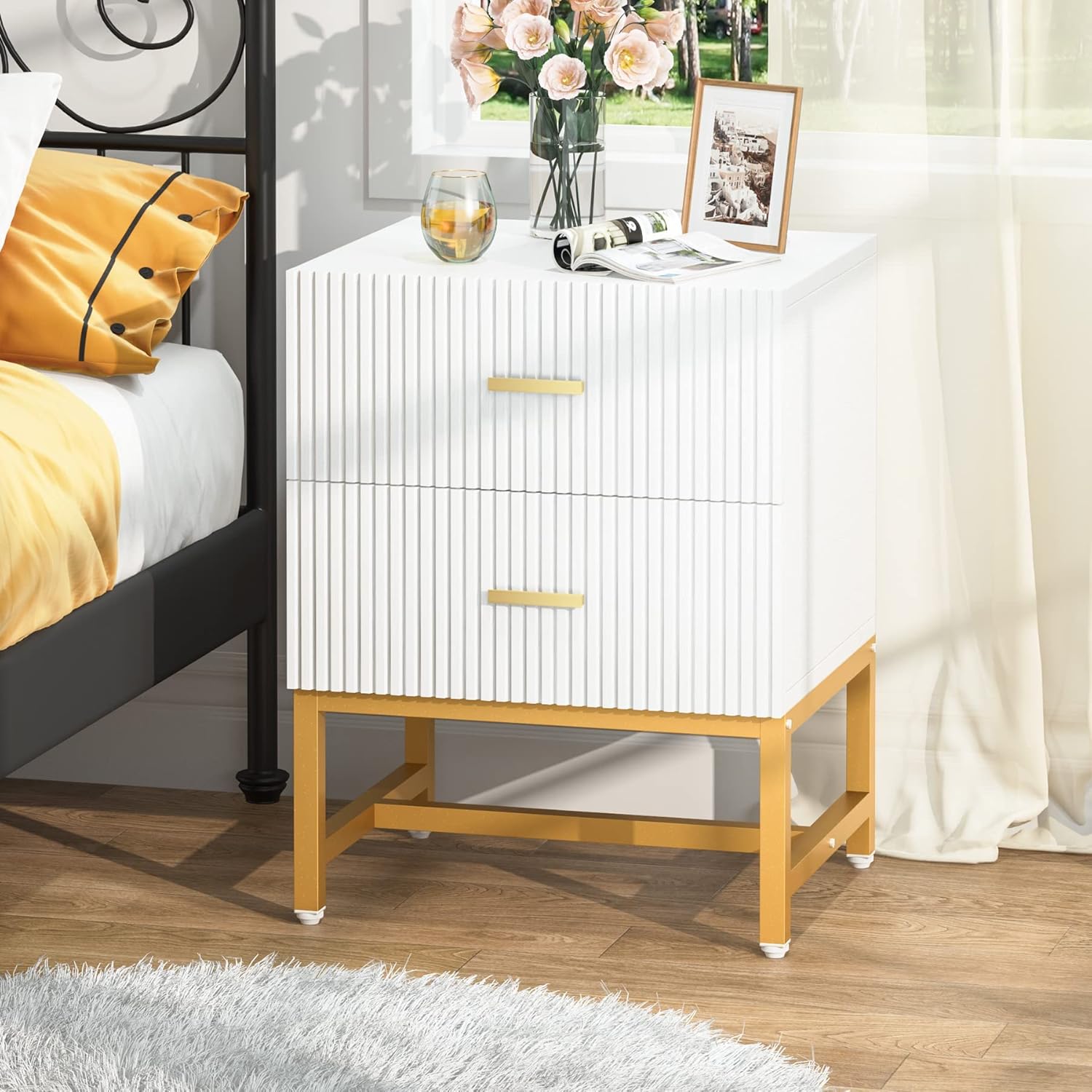 White 2-Drawer Nightstand with Storage Cabinet Metal Frame C14094