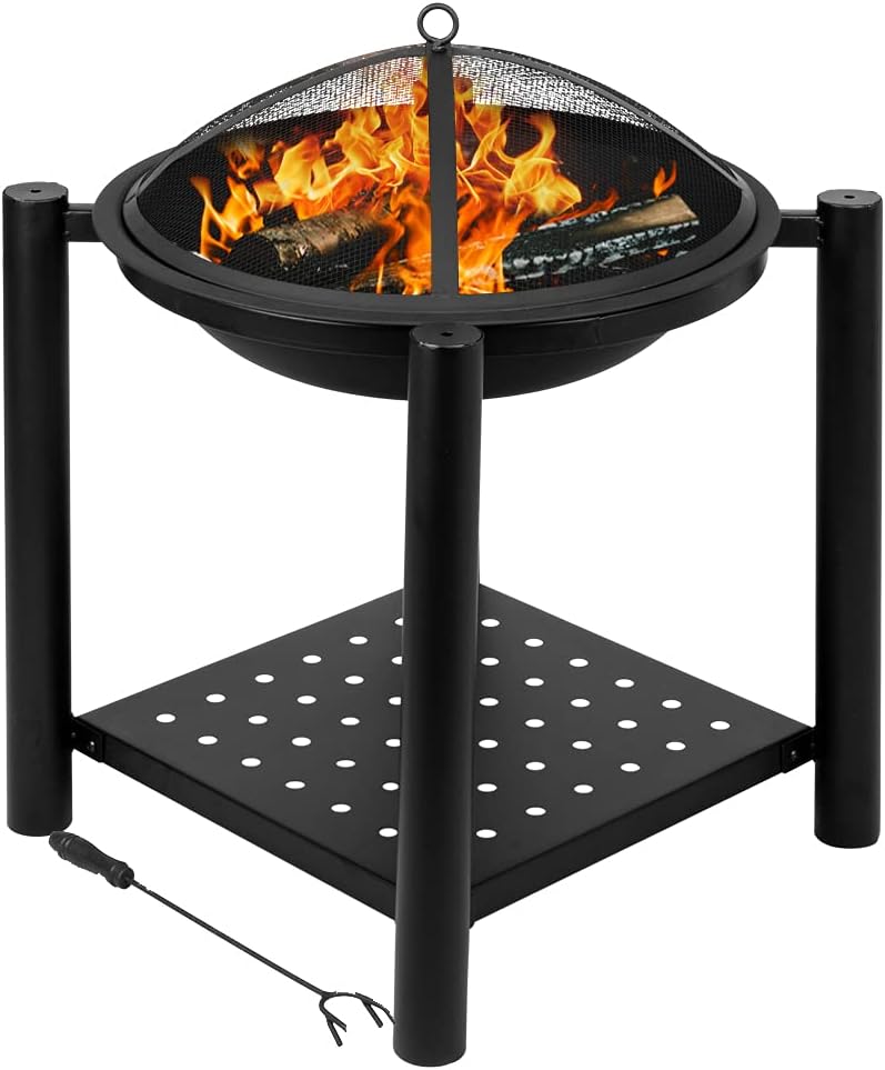 22 inch Steel Firepit Bowl with Mesh Spark Screen Cover Log Grate Wood Fire Poker Z8939