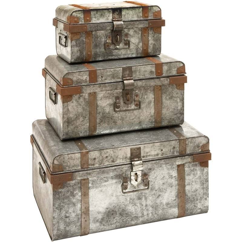 Silver Metal Farmhouse Storage Trunk (Set of 3) T209085