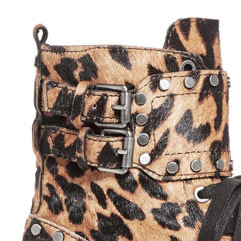 Brown Leopard Print Calf Hair Combat Boots W433