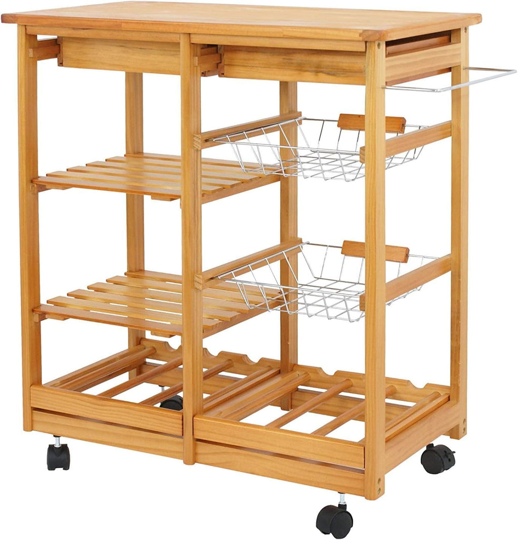 Wood Rolling Kitchen Island Storage Cart with Drawer Shelves Basket Q4035