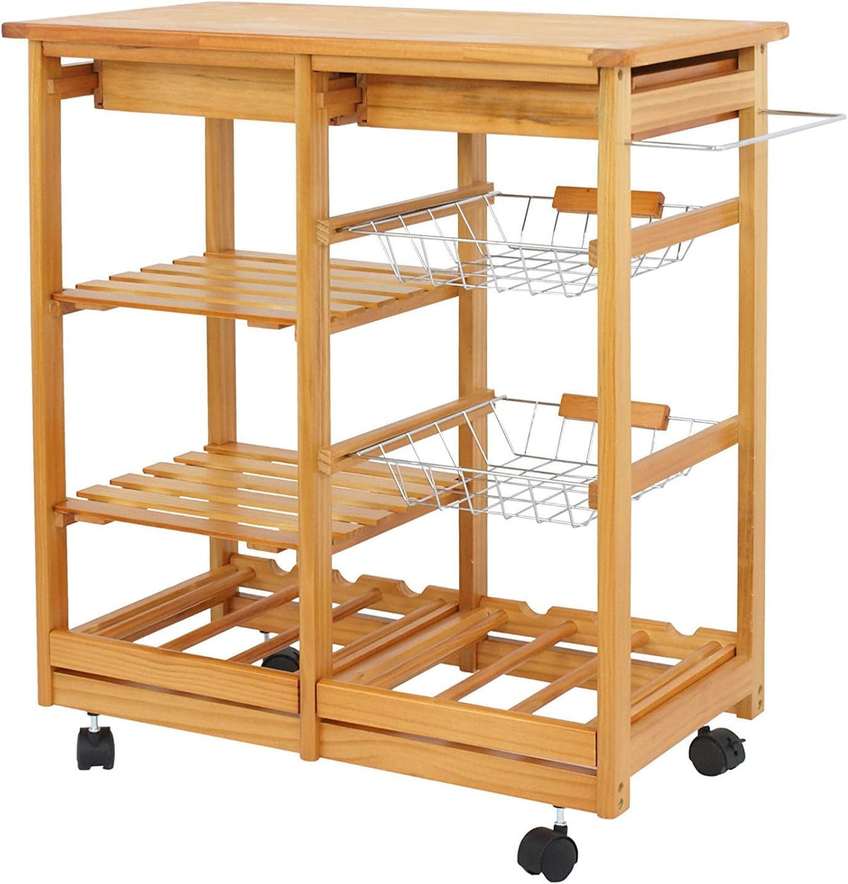 Wood Rolling Kitchen Island Storage Cart with Drawer Shelves Basket Q4035