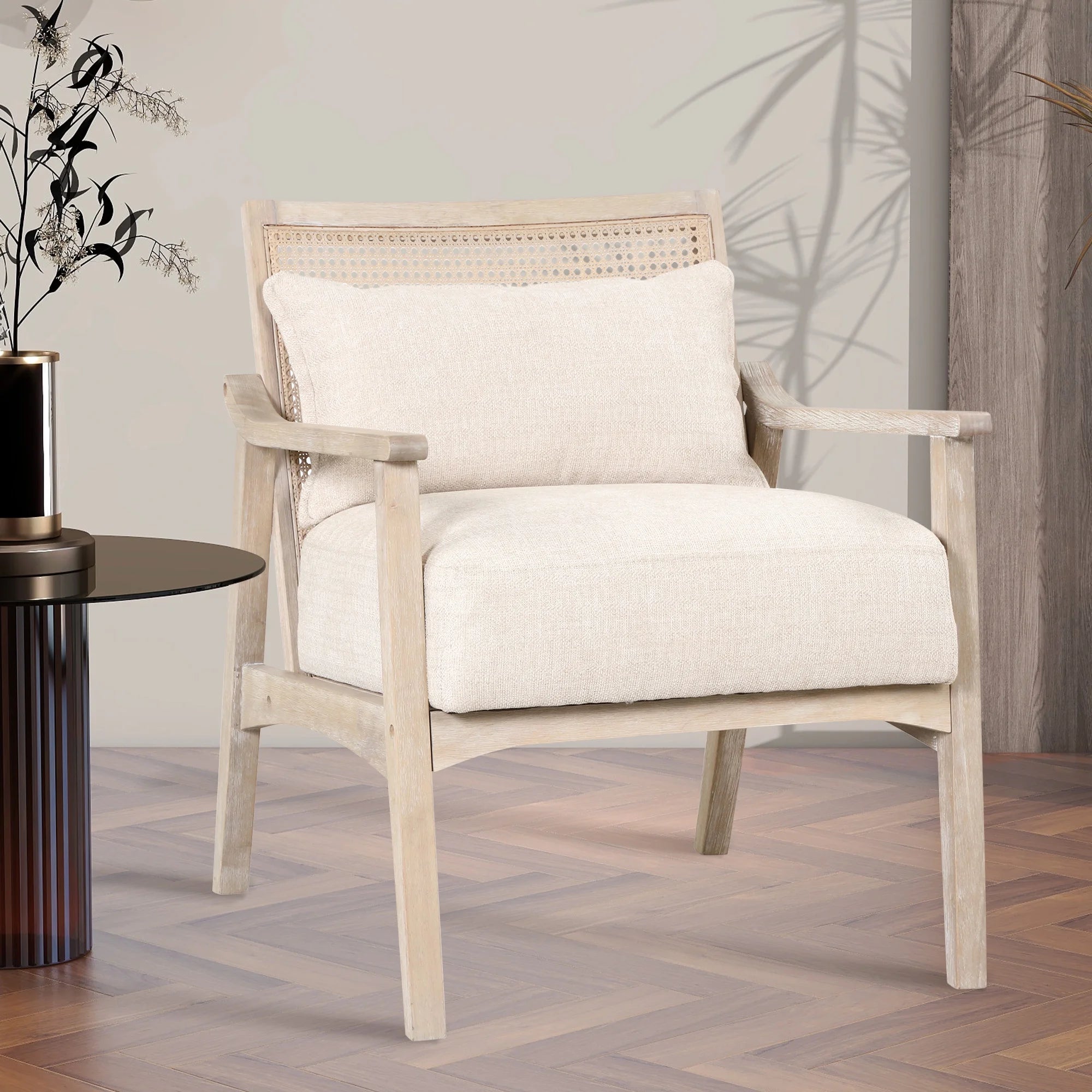 Mid-Century Accent Chair with Lumbar Pillow, Rattan Back Upholstered Chair R354167