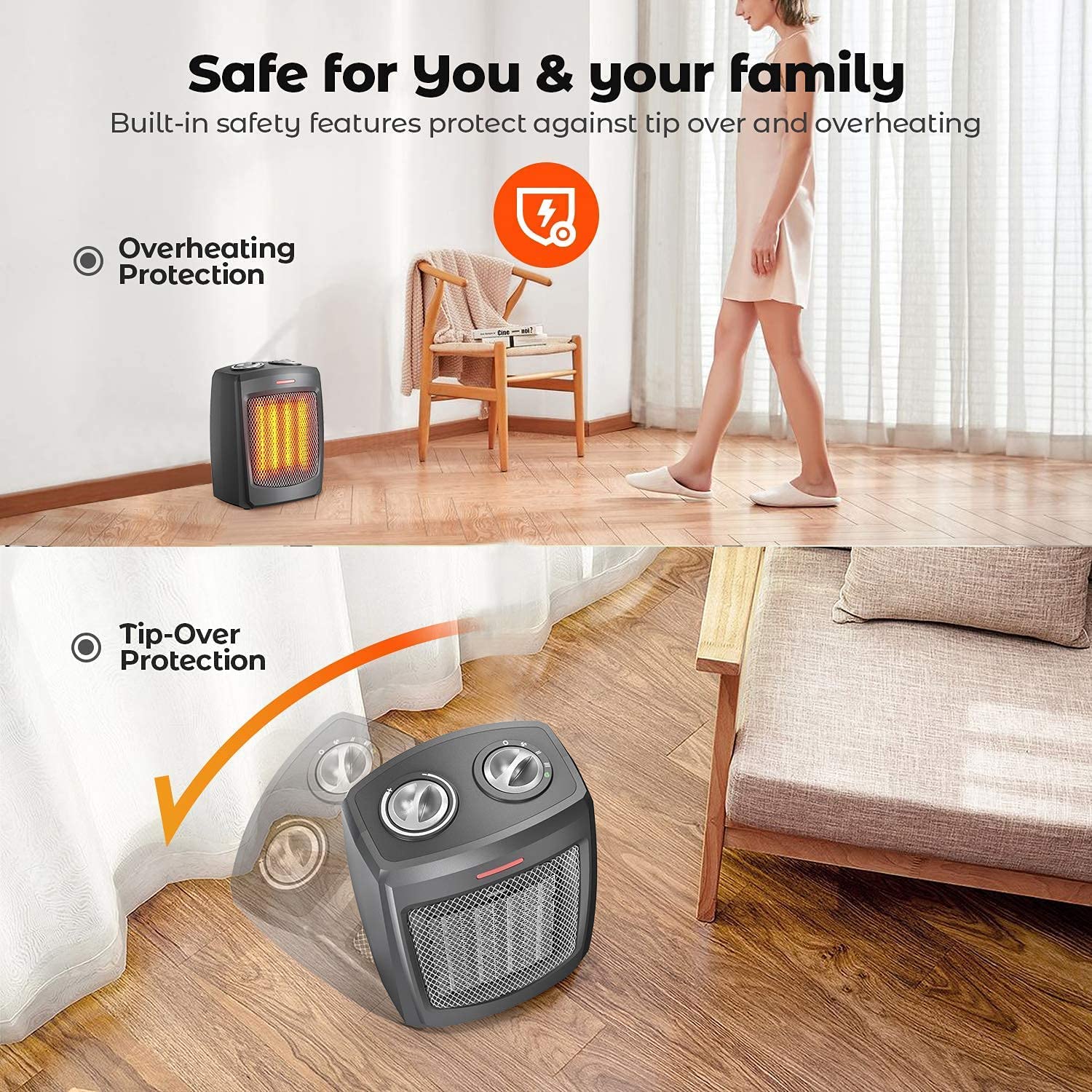 Ceramic Small Heater with Thermostat, 750W/1000W/1500W R9127