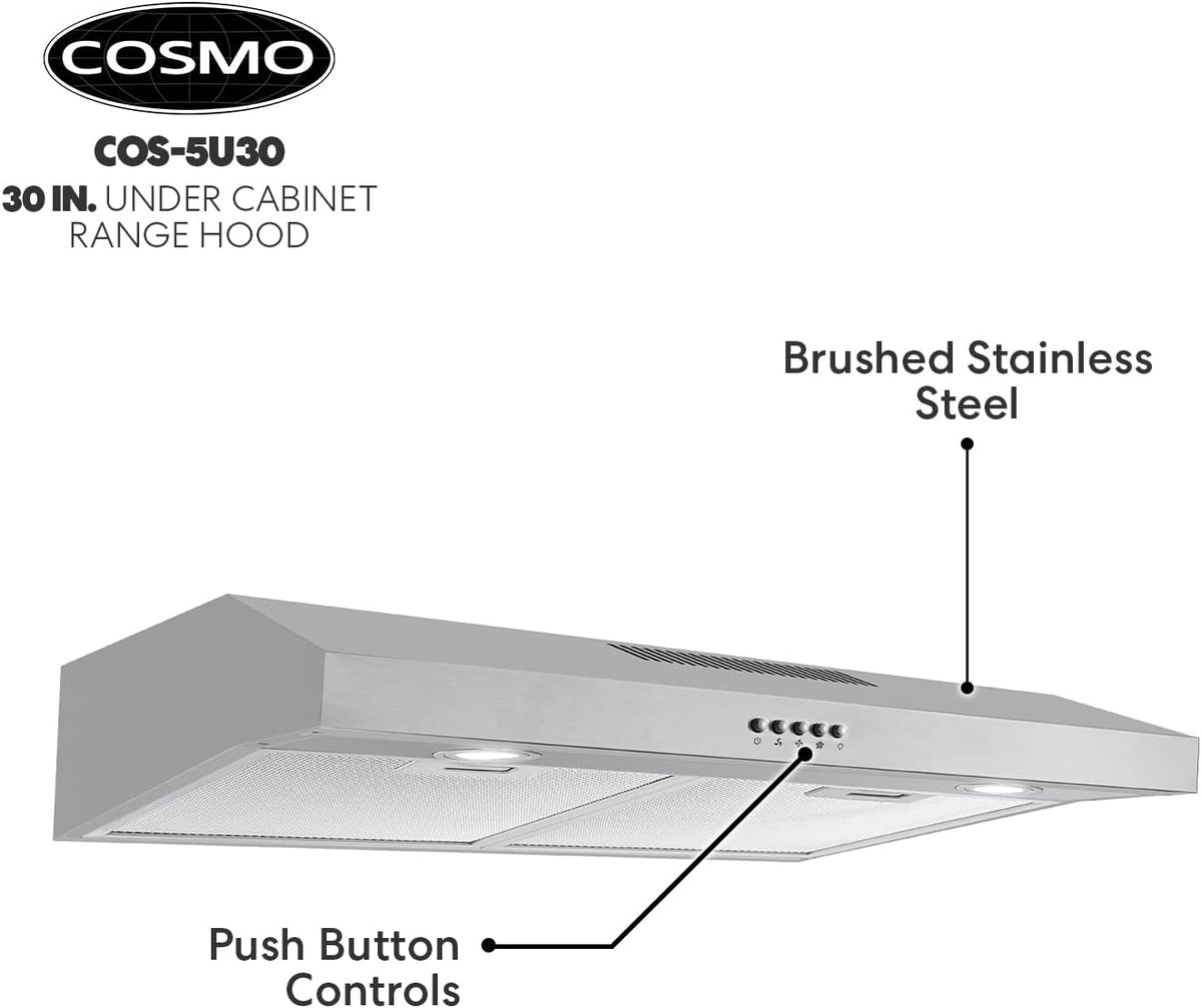 30 in. Under Cabinet Range Hood with Ducted / Ductless Convertible Slim Kitchen Over Stove Vent in Stainless Steel T78959