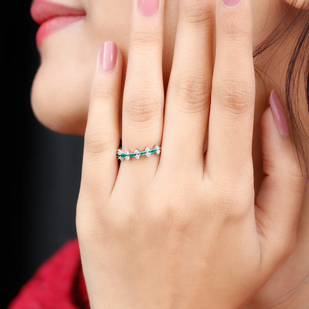 Marquise Emerald Ring with Diamond, 925 Sterling Silver D1284