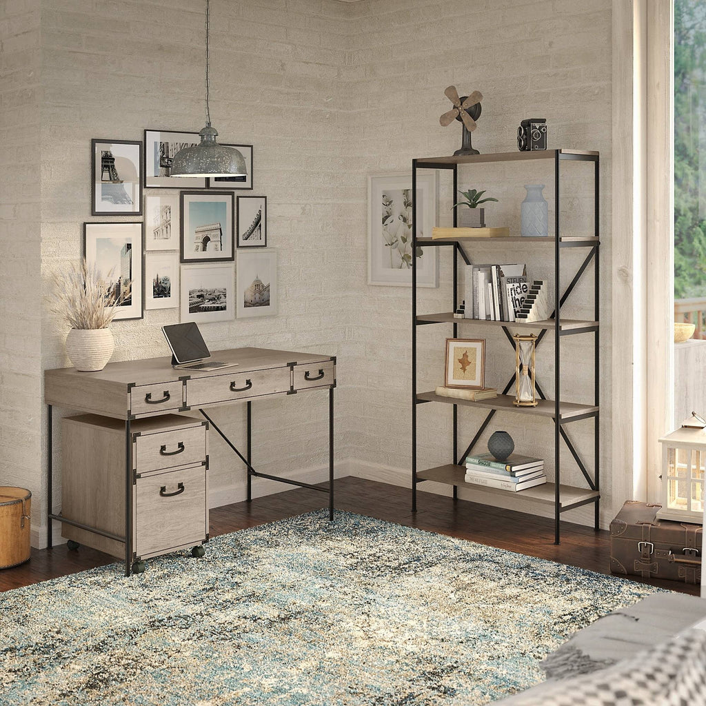 48W Writing Desk with Mobile File Cabinet and 5 Shelf Bookcase, Restored Gray K915