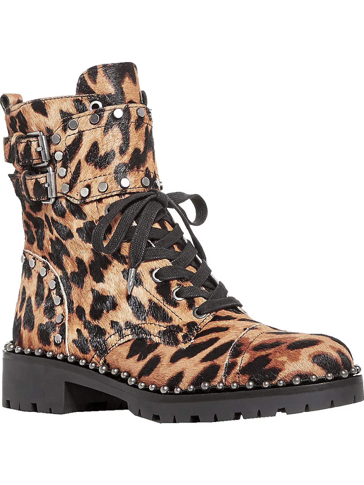 Brown Leopard Print Calf Hair Combat Boots W433