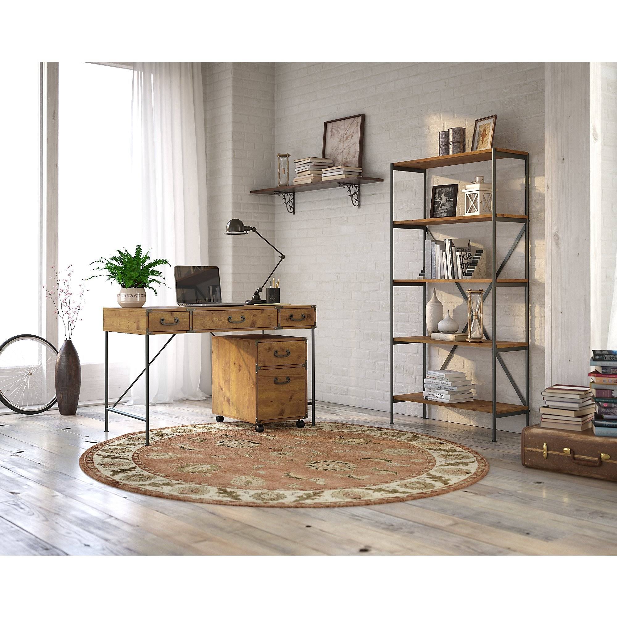 48W Writing Desk with Mobile File Cabinet and 5 Shelf Bookcase, Restored Gray K915
