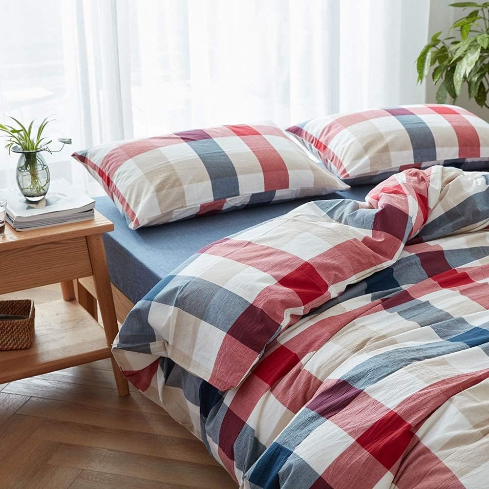 Green Plaid King Duvet Cover 3pcs Bedding Set, 100% Yarn Dyed Washed Cotton L217