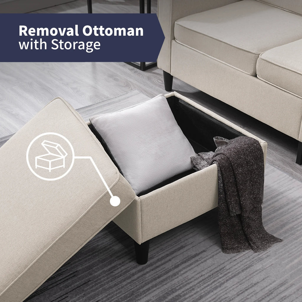Beige Convertible Sectional Sofa Couch with Storage Ottoman N247