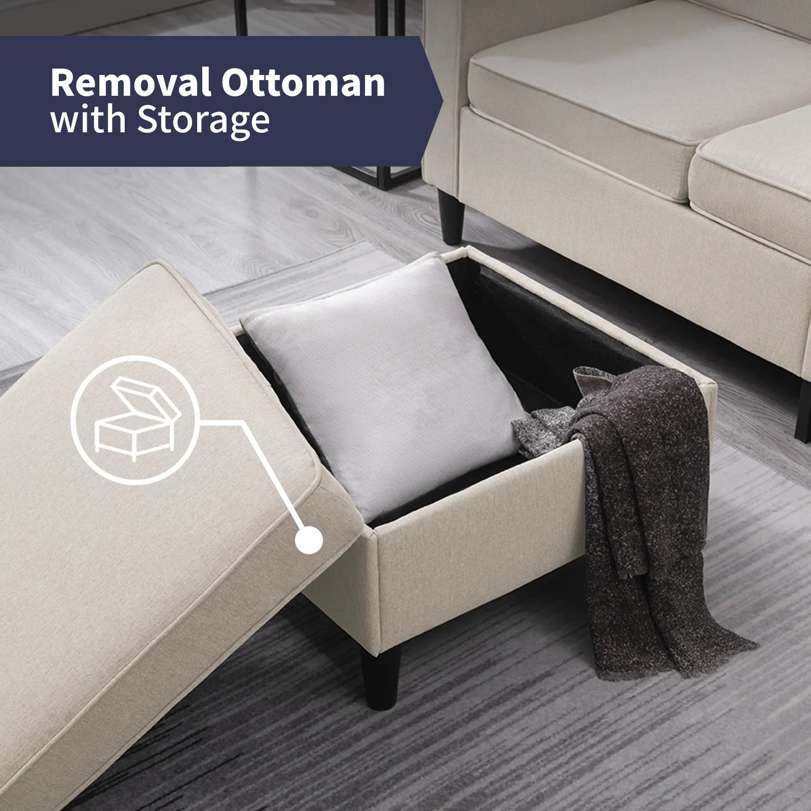 Beige Convertible Sectional Sofa Couch with Storage Ottoman N247