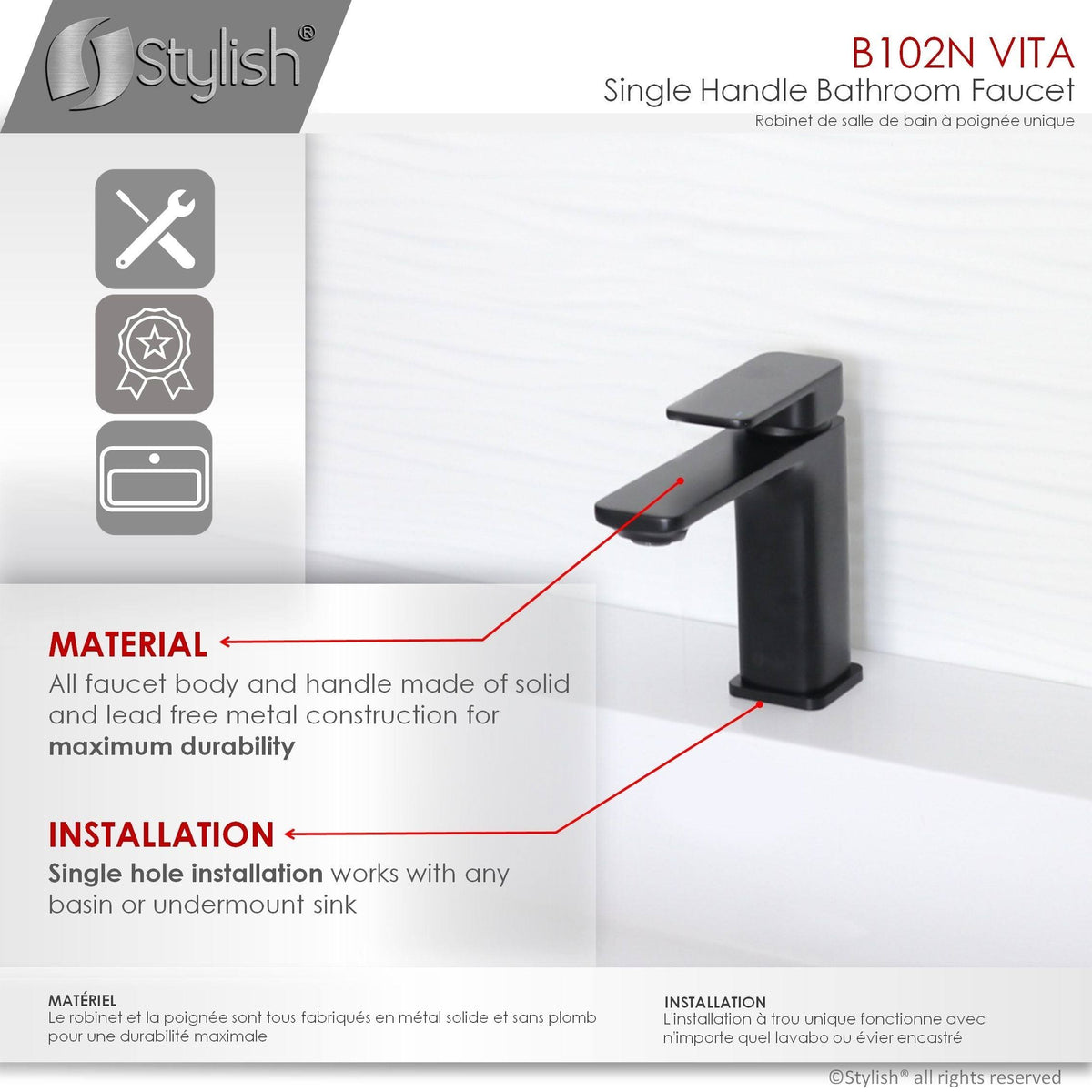 Matte Black 1-Handle Single Hole Bathroom Sink Faucet D2218