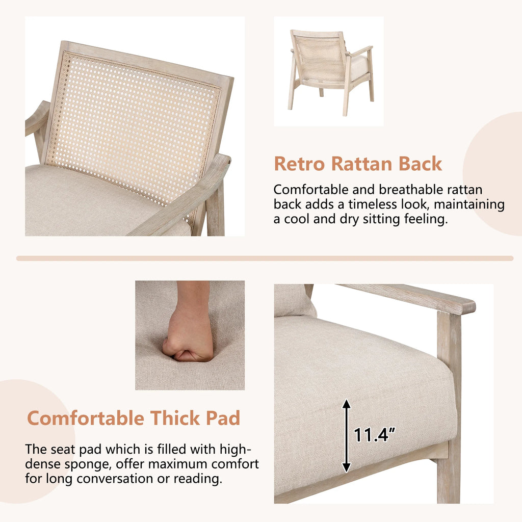 Mid-Century Accent Chair with Lumbar Pillow, Rattan Back Upholstered Chair R354167
