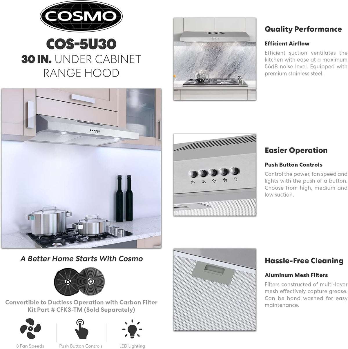 30 in. Under Cabinet Range Hood with Ducted / Ductless Convertible Slim Kitchen Over Stove Vent in Stainless Steel T78959