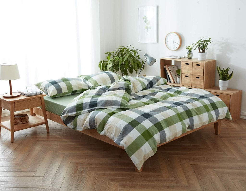 Green Plaid King Duvet Cover 3pcs Bedding Set, 100% Yarn Dyed Washed Cotton L217