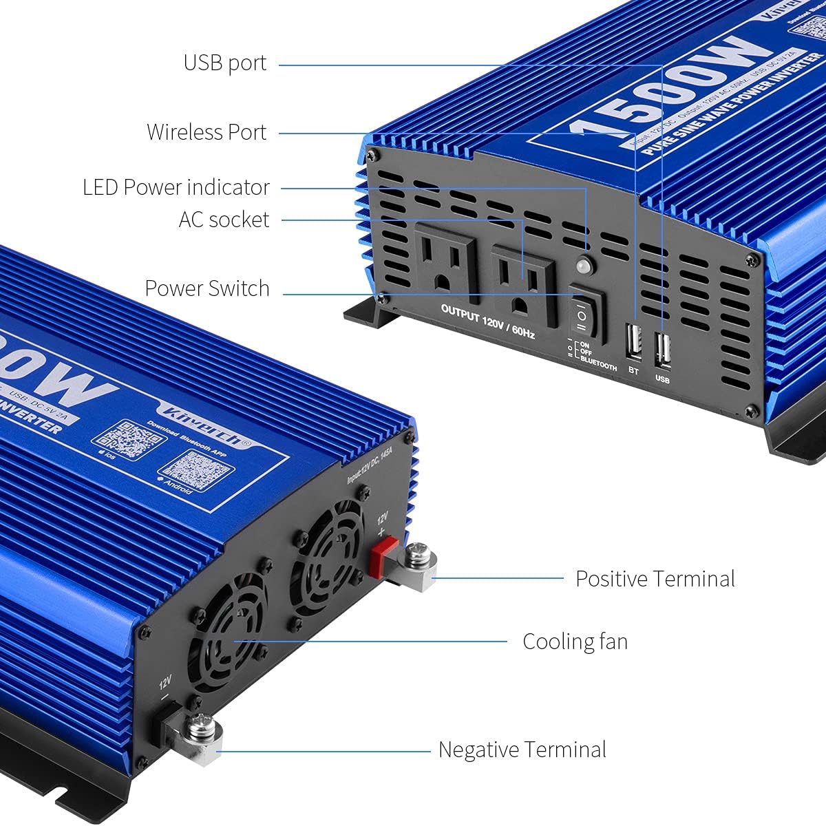 1500W Pure Sine Wave Power Inverter 12V DC to 110V AC Car Inverter with Bluetooth 2AC Outlets USB Port L515
