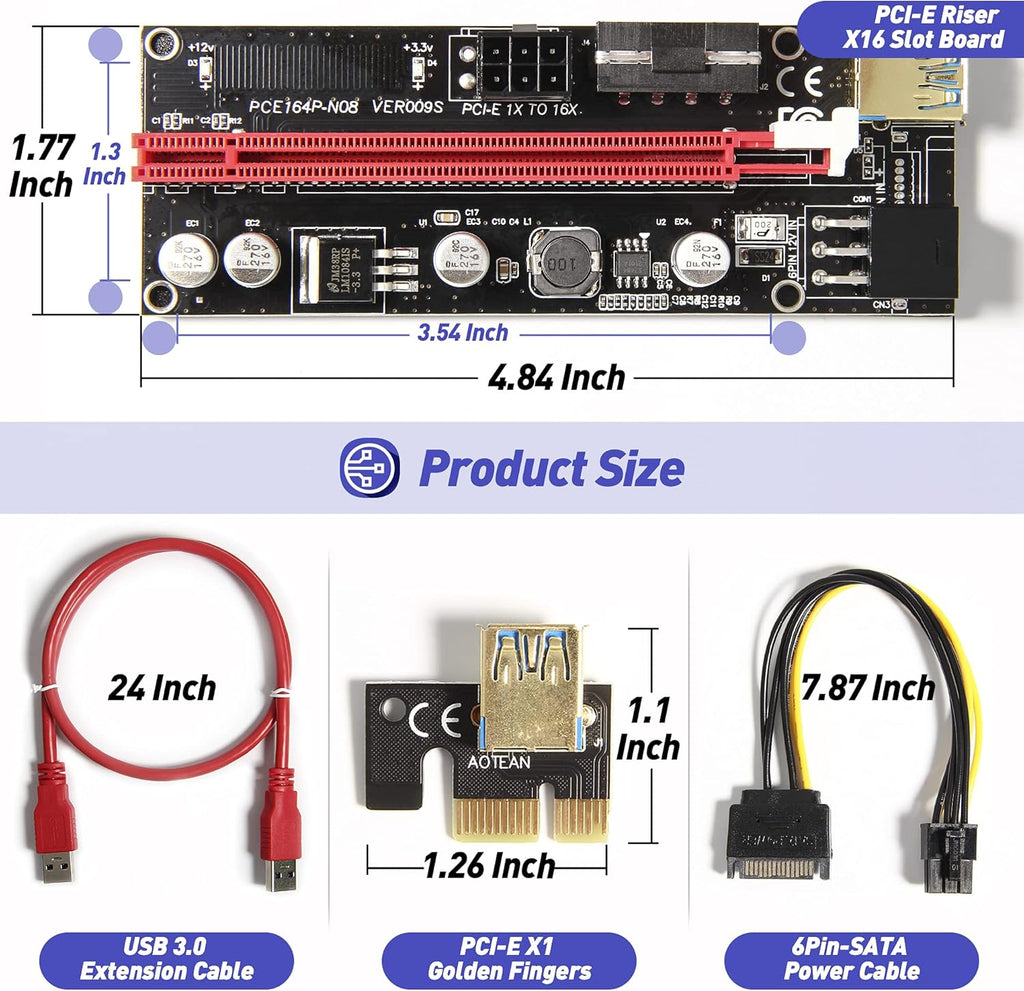 PCIE Riser Express Cable 1X to 16X with 24inches USB 3.0 Cable, 6 Pack F404