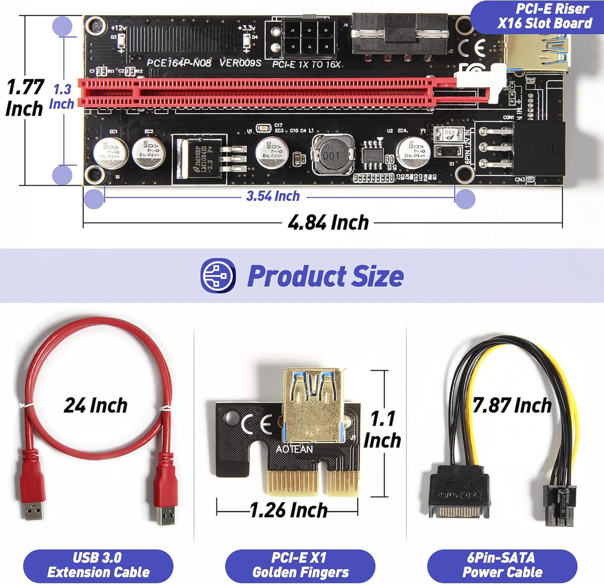 PCIE Riser Express Cable 1X to 16X with 24inches USB 3.0 Cable, 6 Pack F404