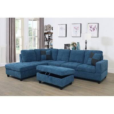 Blue Velvet Left Hand Facing Corner Sectional with Ottoman Y461