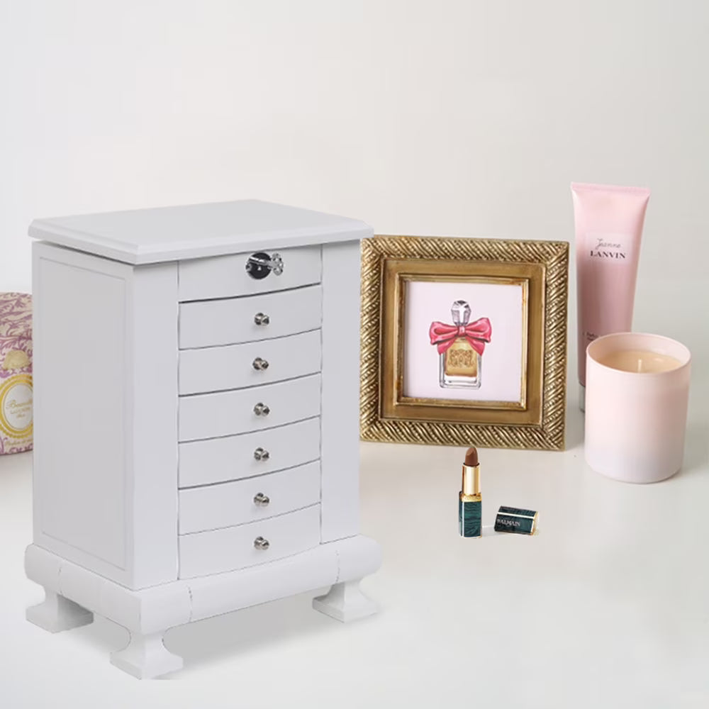 White Wooden 7 Layers Jewelry Box with Lock S256715